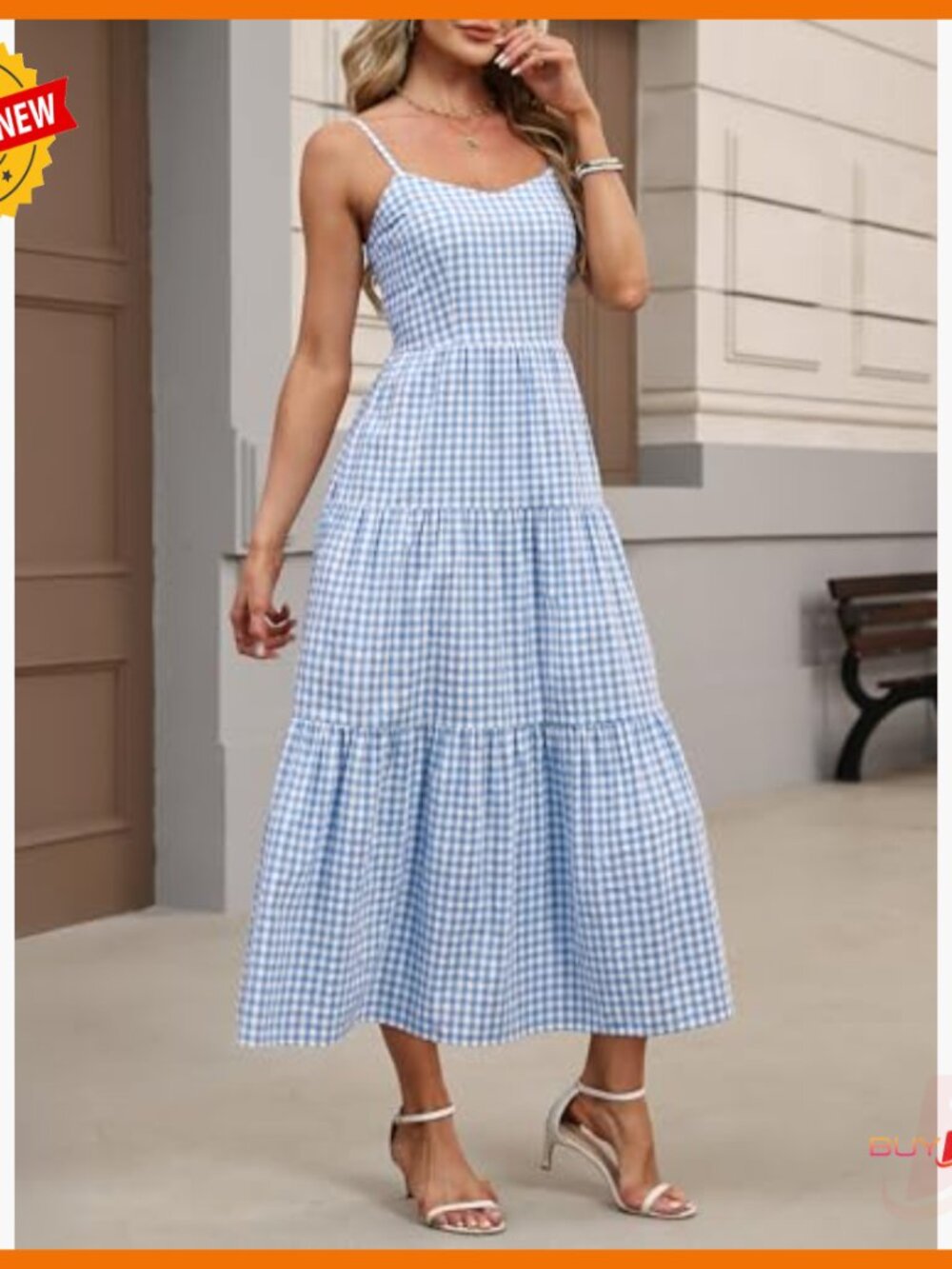 Sleeveless Striped Plaid Midi Maxi Dress, 100% Rayon, Adjustable Straps, Pockets - Picture 4 of 7